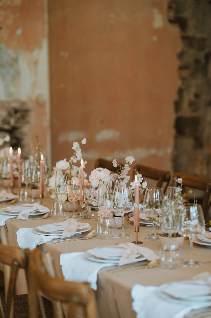 Wedding breakfast at Brinkburn Priory styled in a romantic design